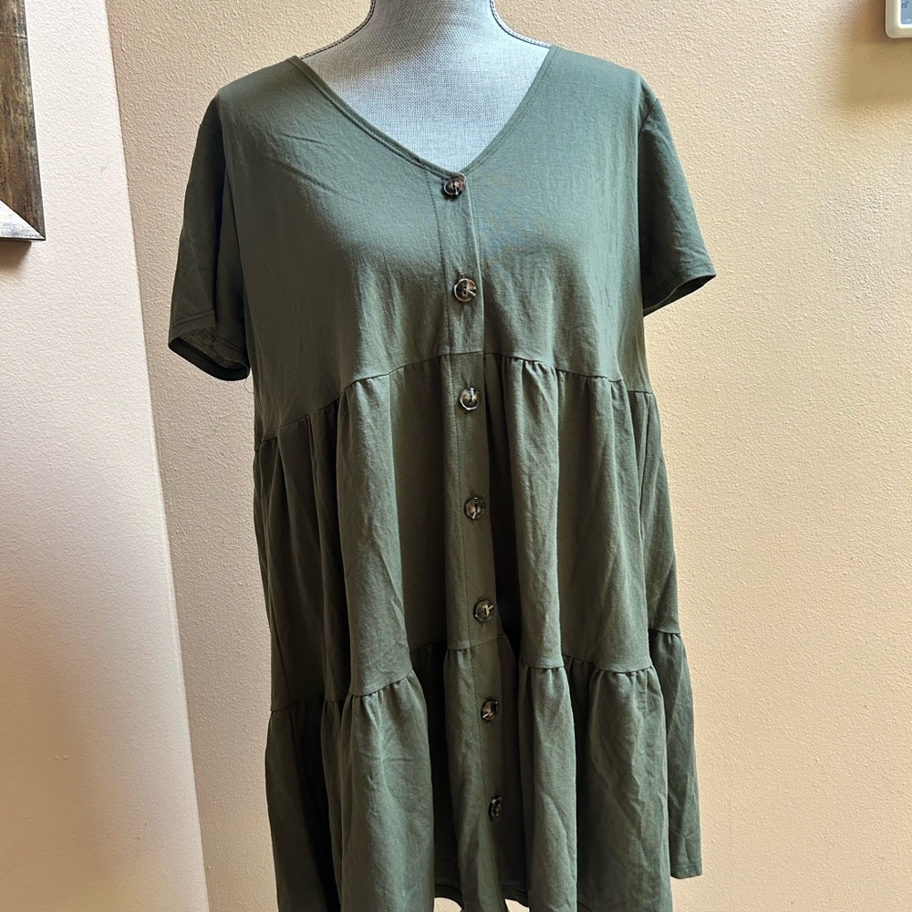 Olive Button-Down Tiered Top